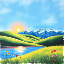 A beautifully completed painting based on a sketch featuring a serene landscape with rolling hills covered in lush green grass under a clear blue sky