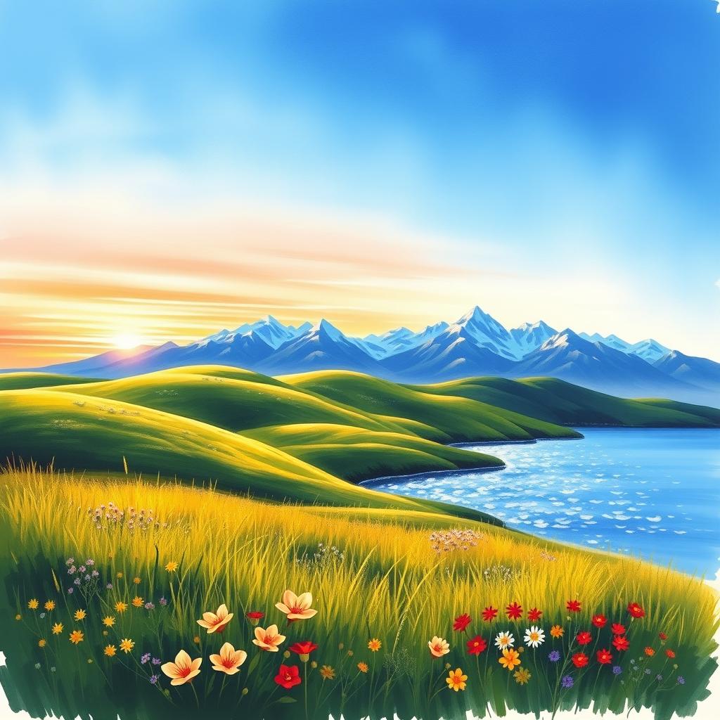 A beautifully completed painting based on a sketch featuring a serene landscape with rolling hills covered in lush green grass under a clear blue sky