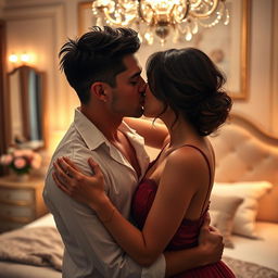 A romantic and intimate scene featuring a couple in a sensual embrace, focusing on the emotional connection between them