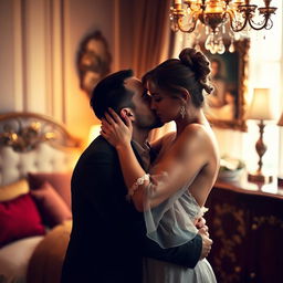 A romantic and intimate scene featuring a couple in a sensual embrace, focusing on the emotional connection between them