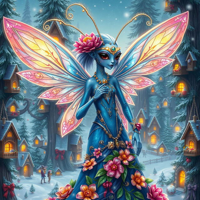 A captivating digital art illustration of a beautiful blue-skinned alien female, resembling a winged jeweled flower mantis person, radiating holiday magic