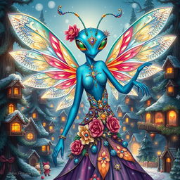 A captivating digital art illustration of a beautiful blue-skinned alien female, resembling a winged jeweled flower mantis person, radiating holiday magic