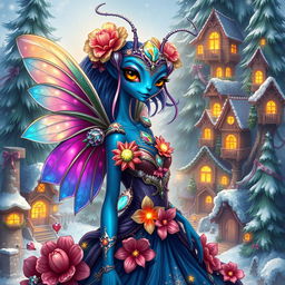 A captivating digital art illustration of a beautiful blue-skinned alien female, resembling a winged jeweled flower mantis person, radiating holiday magic