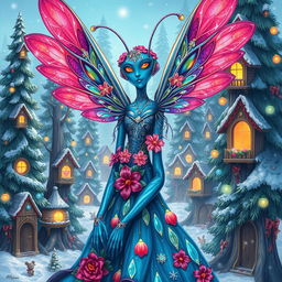 A captivating digital art illustration of a beautiful blue-skinned alien female, resembling a winged jeweled flower mantis person, radiating holiday magic