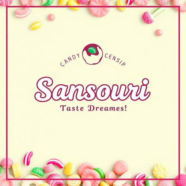 A vibrant and inviting poster for a candy workshop named 'Sansouri', featuring a visually appealing combination of pink and green colors