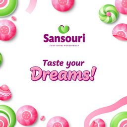 A vibrant and inviting poster for a candy workshop named 'Sansouri', featuring a visually appealing combination of pink and green colors