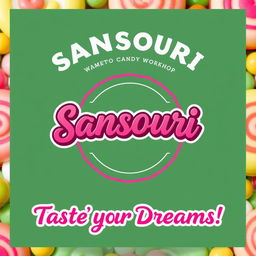 A vibrant and inviting poster for a candy workshop named 'Sansouri', featuring a visually appealing combination of pink and green colors