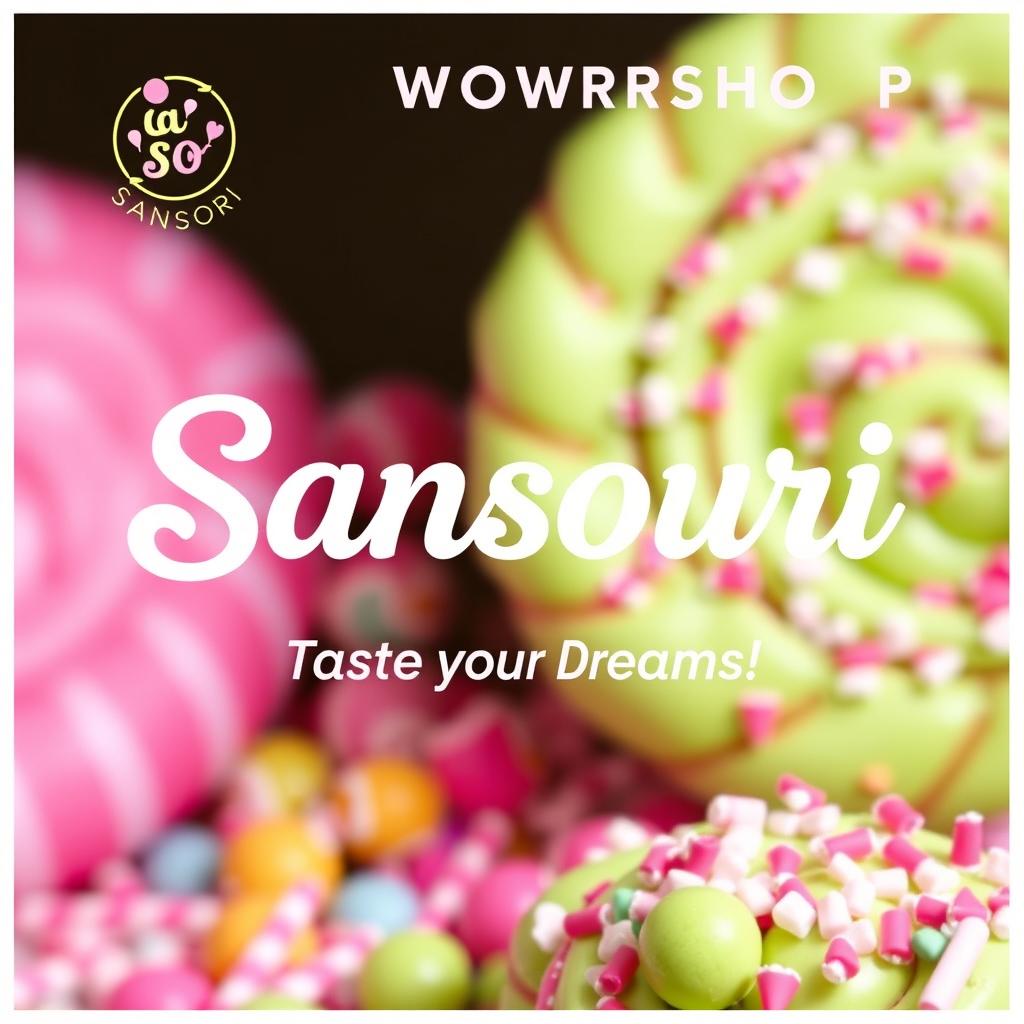 A vibrant and inviting poster for a candy workshop named 'Sansouri', featuring a visually appealing combination of pink and green colors