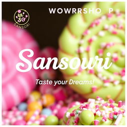 A vibrant and inviting poster for a candy workshop named 'Sansouri', featuring a visually appealing combination of pink and green colors