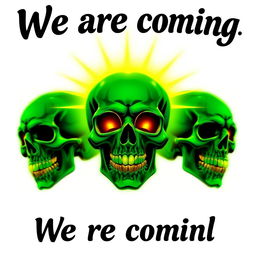 Three green skulls with radiant golden teeth, one of the skulls adorned with a glowing halo, all displayed against a transparent background