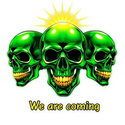 Three green skulls with radiant golden teeth, one of the skulls adorned with a glowing halo, all displayed against a transparent background