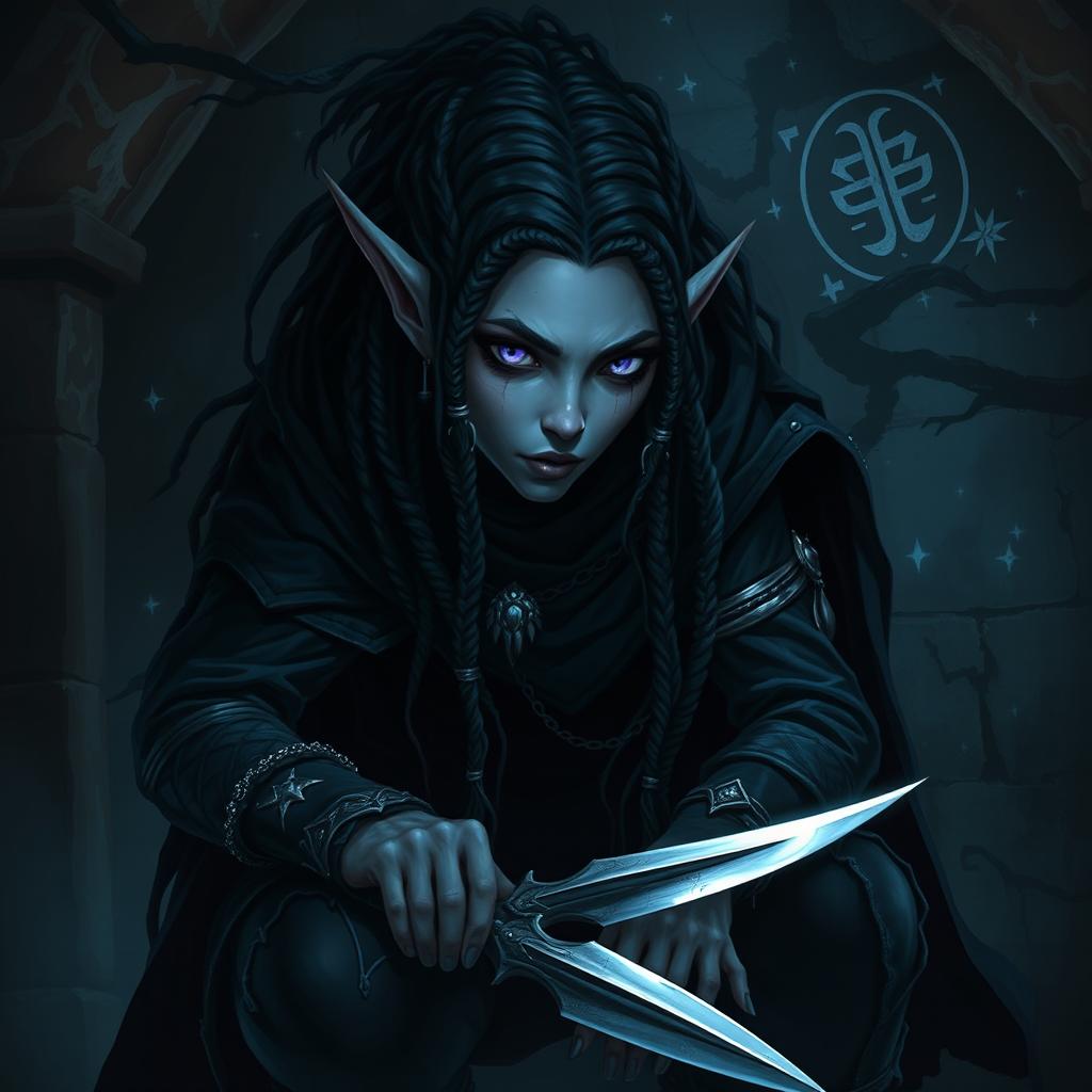 A Drow Elf rogue with intricate dreadlocks, dressed in dark, stealthy attire blending into a mysterious underground environment
