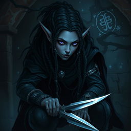 A Drow Elf rogue with intricate dreadlocks, dressed in dark, stealthy attire blending into a mysterious underground environment