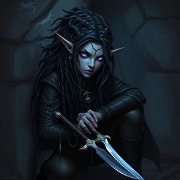 A Drow Elf rogue with intricate dreadlocks, dressed in dark, stealthy attire blending into a mysterious underground environment