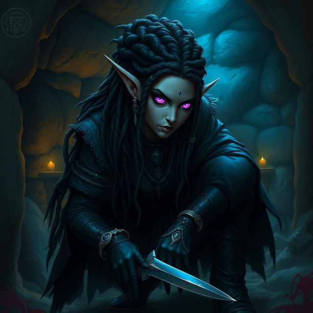 A Drow Elf rogue with intricate dreadlocks, dressed in dark, stealthy attire blending into a mysterious underground environment