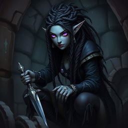 A Drow Elf rogue with intricate dreadlocks, dressed in dark, stealthy attire blending into a mysterious underground environment