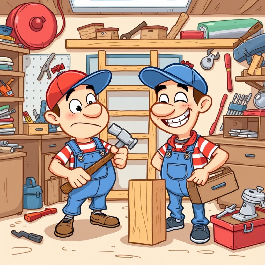 Two friendly, quirky characters named Pat and Mat engaged in a humorous DIY project in their cluttered workshop