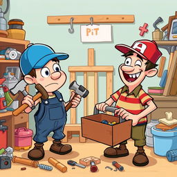 Two friendly, quirky characters named Pat and Mat engaged in a humorous DIY project in their cluttered workshop