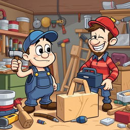 Two friendly, quirky characters named Pat and Mat engaged in a humorous DIY project in their cluttered workshop