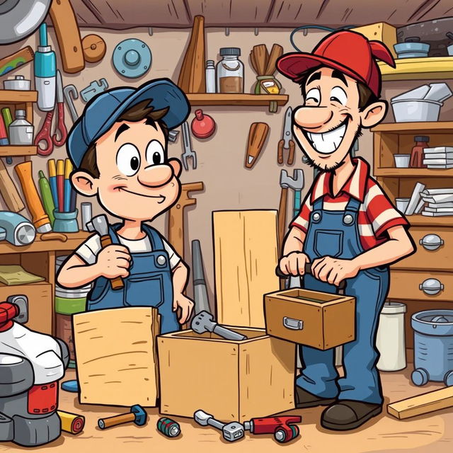 Two friendly, quirky characters named Pat and Mat engaged in a humorous DIY project in their cluttered workshop
