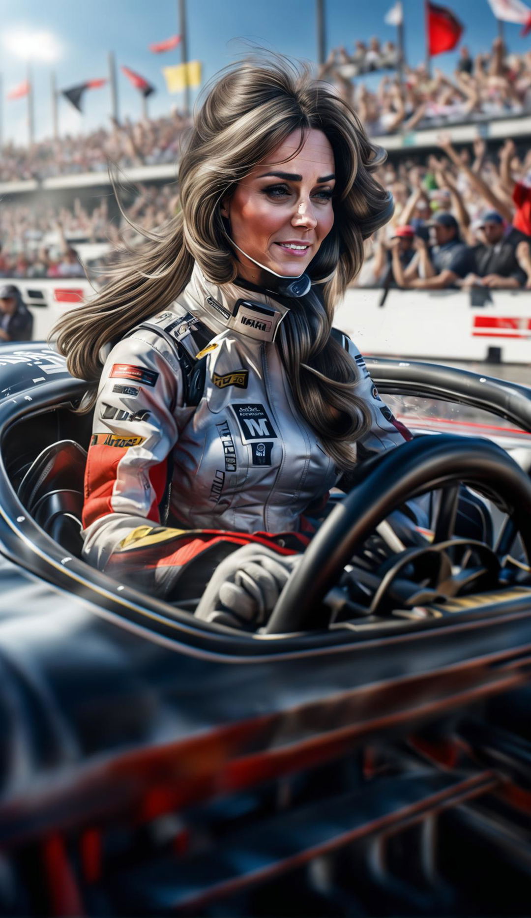 A hyper-realistic 3D render depicting Kate Middleton, the Duchess of Cambridge, in a professional racing suit, executing a dramatic drift in a high-performance car on a race track