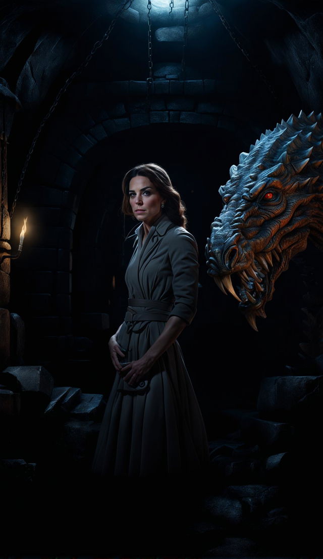 A high-quality 3D render depicting Kate Middleton, the Duchess of Cambridge, in a dungeon, fearlessly facing off against a menacing human-lizard hybrid