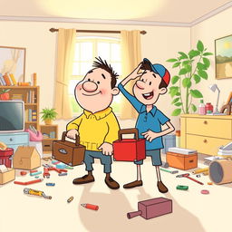A whimsical and humorous illustration of two animated characters resembling the classic duo Pat and Mat, known for their clumsiness and ingenuity