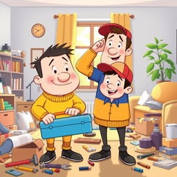 A whimsical and humorous illustration of two animated characters resembling the classic duo Pat and Mat, known for their clumsiness and ingenuity