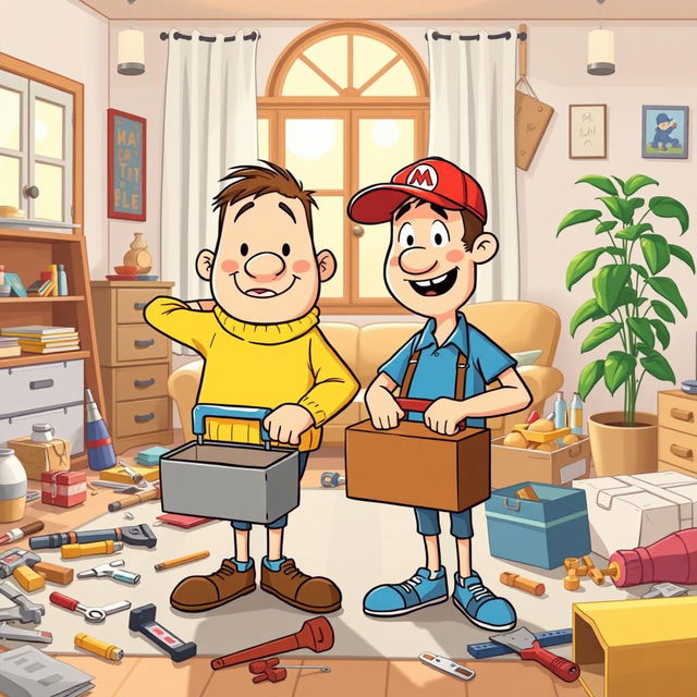 A whimsical and humorous illustration of two animated characters resembling the classic duo Pat and Mat, known for their clumsiness and ingenuity