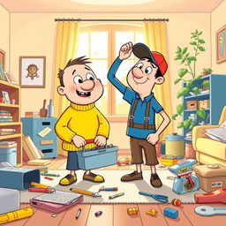 A whimsical and humorous illustration of two animated characters resembling the classic duo Pat and Mat, known for their clumsiness and ingenuity