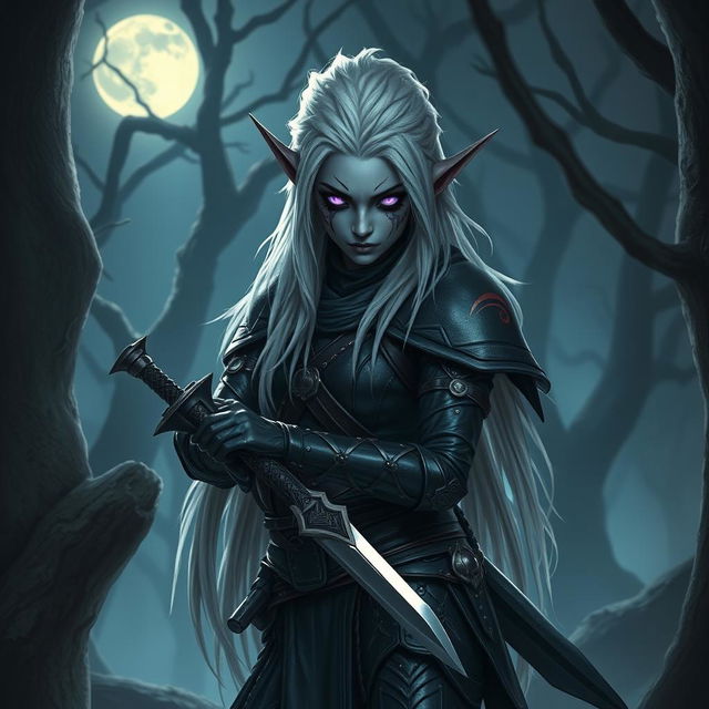 A drow elf rogue with striking white dreadlocks, clad in sleek, dark leather armor designed for stealth and agility