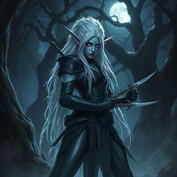 A drow elf rogue with striking white dreadlocks, clad in sleek, dark leather armor designed for stealth and agility