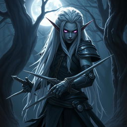 A drow elf rogue with striking white dreadlocks, clad in sleek, dark leather armor designed for stealth and agility