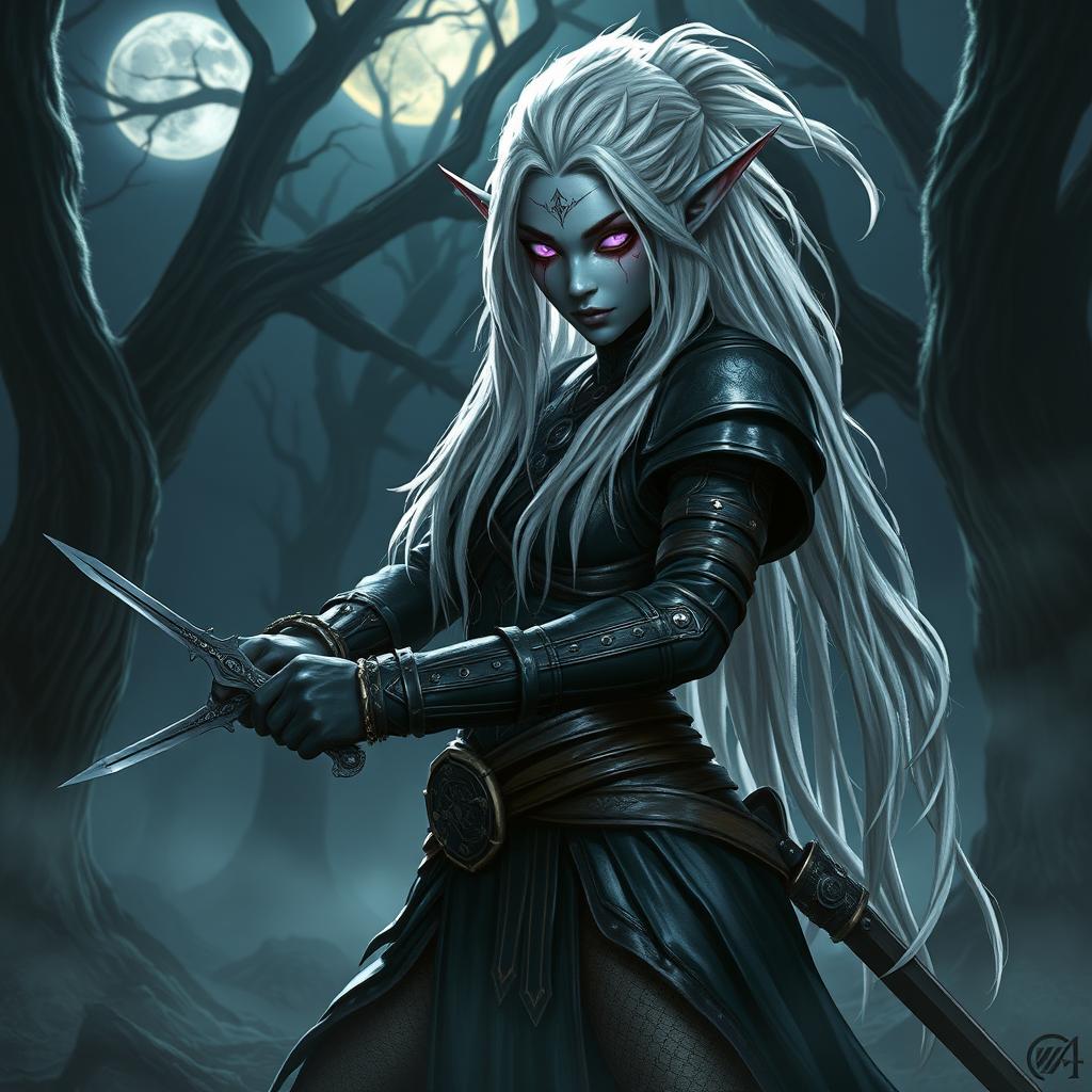 A drow elf rogue with striking white dreadlocks, clad in sleek, dark leather armor designed for stealth and agility