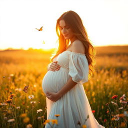 A beautiful and serene scene of a pregnant woman gently cradling her baby bump while standing in a sunlit field filled with wildflowers