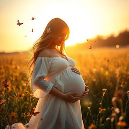 A beautiful and serene scene of a pregnant woman gently cradling her baby bump while standing in a sunlit field filled with wildflowers