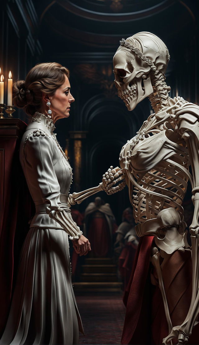 A high-quality 3D render depicting Kate Middleton, the Duchess of Cambridge, in a duel against a skeleton wearing a crown and Queen Elizabeth's sash in a grand, dimly lit hall