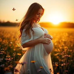 A beautiful and serene scene of a pregnant woman gently cradling her baby bump while standing in a sunlit field filled with wildflowers