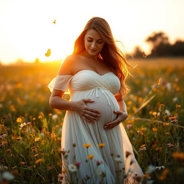 A beautiful and serene scene of a pregnant woman gently cradling her baby bump while standing in a sunlit field filled with wildflowers