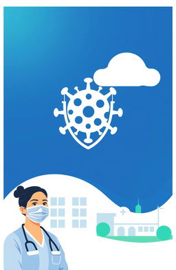 A minimalist design featuring a blue-white gradient background, with an abstract virus symbol prominently displayed