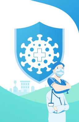 A minimalist design featuring a blue-white gradient background, with an abstract virus symbol prominently displayed