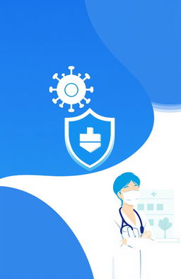 A minimalist design featuring a blue-white gradient background, with an abstract virus symbol prominently displayed
