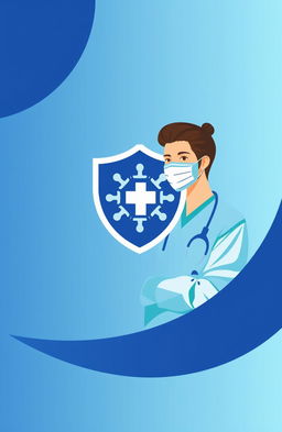A minimalist design featuring a blue-white gradient background, with an abstract virus symbol prominently displayed
