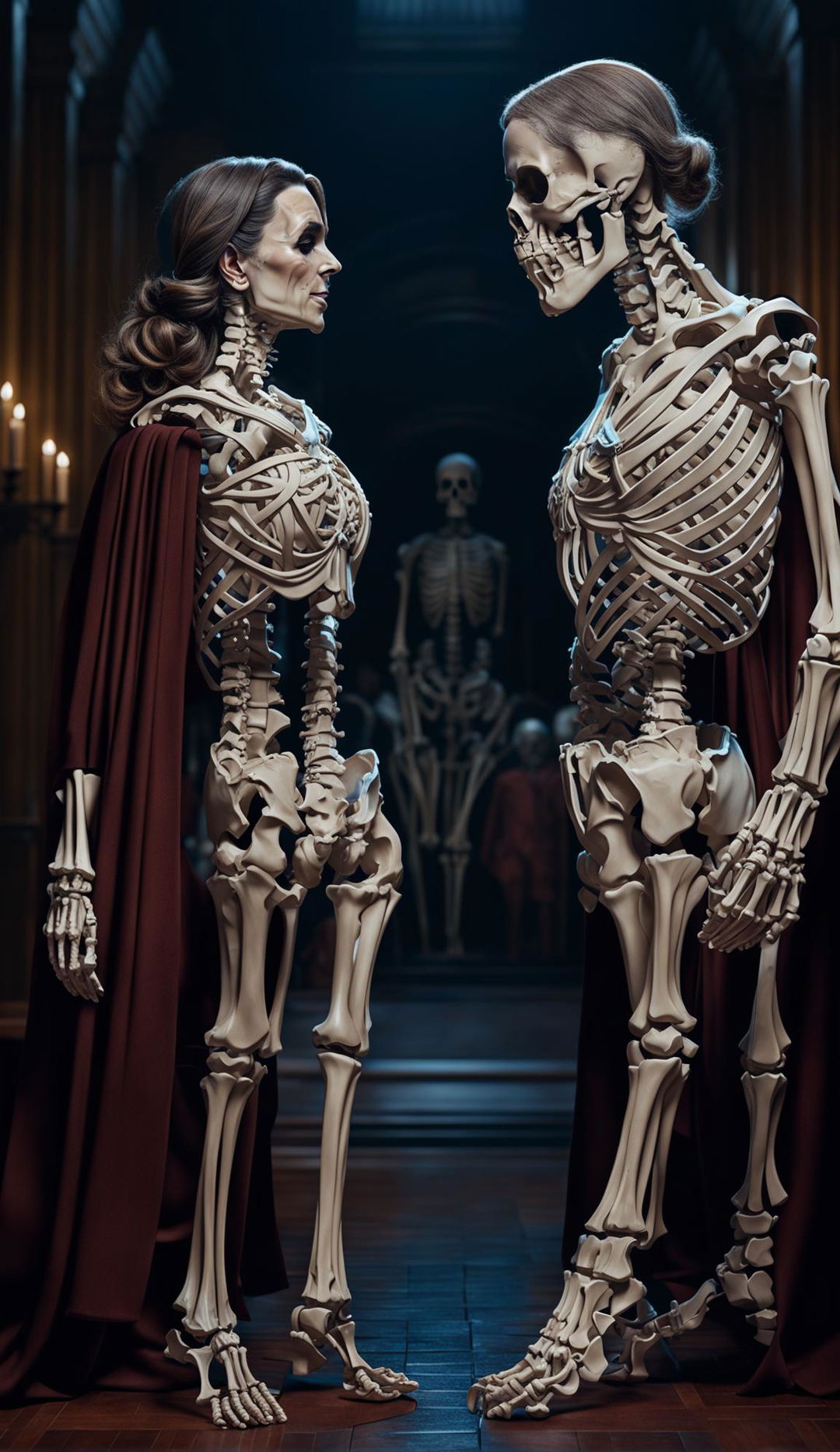 A high-quality 3D render depicting Kate Middleton, the Duchess of Cambridge, fearlessly facing the skeleton of Queen Elizabeth in a grand, dimly lit hall