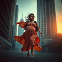 A visually compelling scene depicting a pregnant woman in a dramatic escape