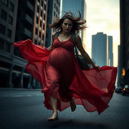 A visually compelling scene depicting a pregnant woman in a dramatic escape