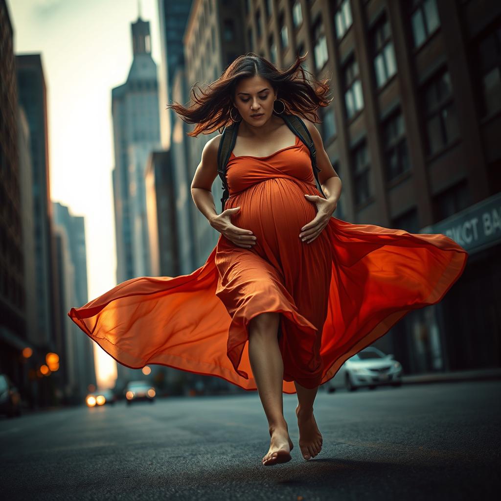 A visually compelling scene depicting a pregnant woman in a dramatic escape