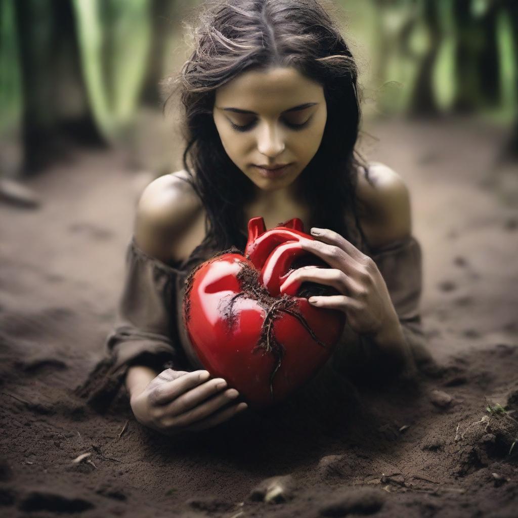 Depict an album cover featuring a realistic image of a beautiful woman emerging from the soil, clutching a human heart