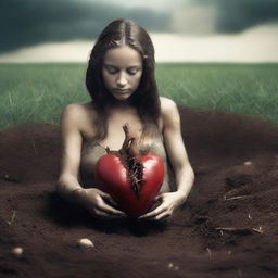 Depict an album cover featuring a realistic image of a beautiful woman emerging from the soil, clutching a human heart