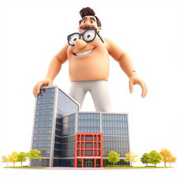 A vibrant 3D motion graphic image featuring a handsome giant man looking around and smiling, towering above a cluster of three institutional buildings
